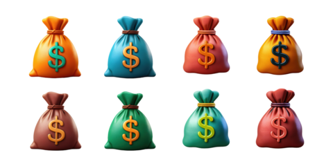 Colorful Money Bags with Dollar Signs, PNG collection, set bundle, isolate on transparent or white background