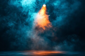 Obraz premium Light beam illuminates stage surrounded by colorful fog during a theatrical performance at night