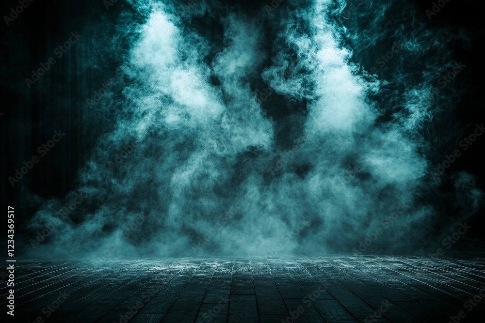 Poster mysterious fog swirling over a dark stage illuminated by bright lights in a dramatic setting
