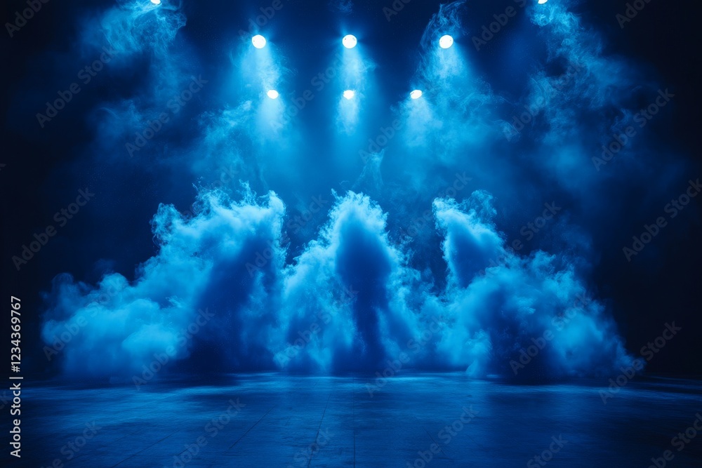 Aufkleber Stage set with blue fog and dramatic lighting creates a mesmerizing atmosphere for a performance event