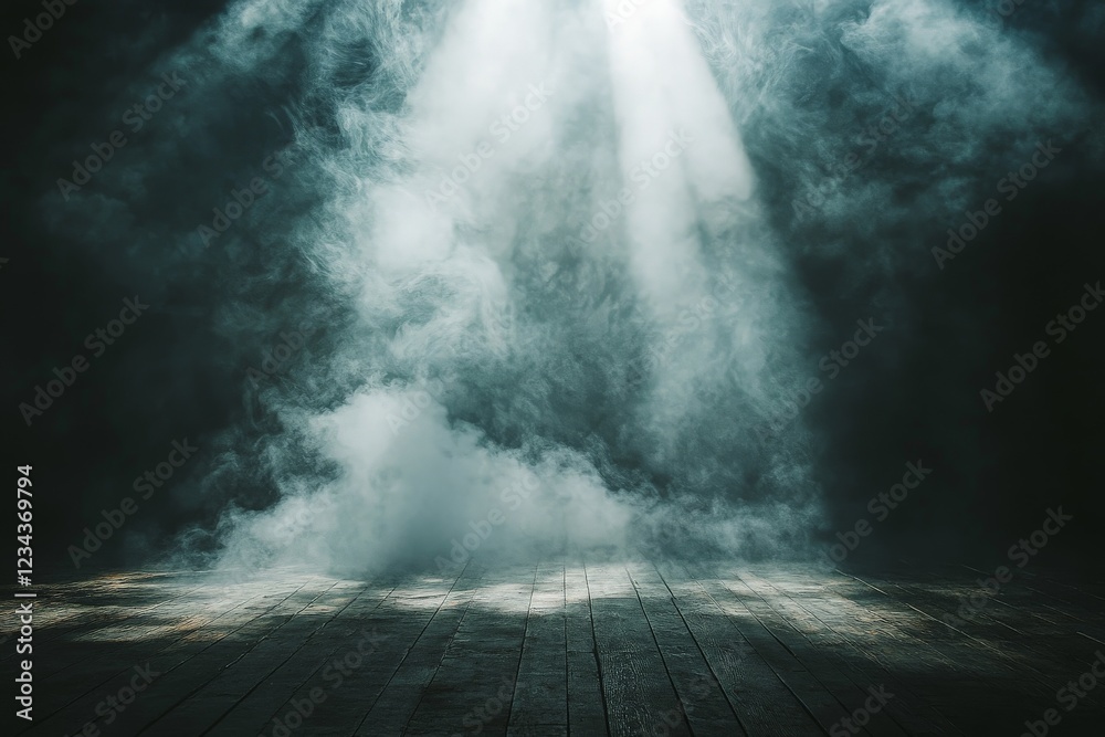 Fototapete mysterious light beams break through mist in a darkened space creating an ethereal atmosphere