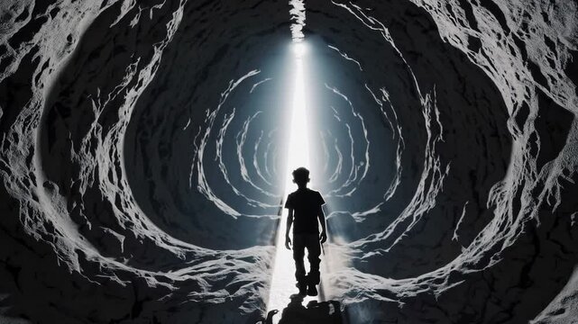 A silhouette of a young boy standing at the entrance of a long, dark tunnel, transfixed by a bright beam of light spilling in from the opposite end.
