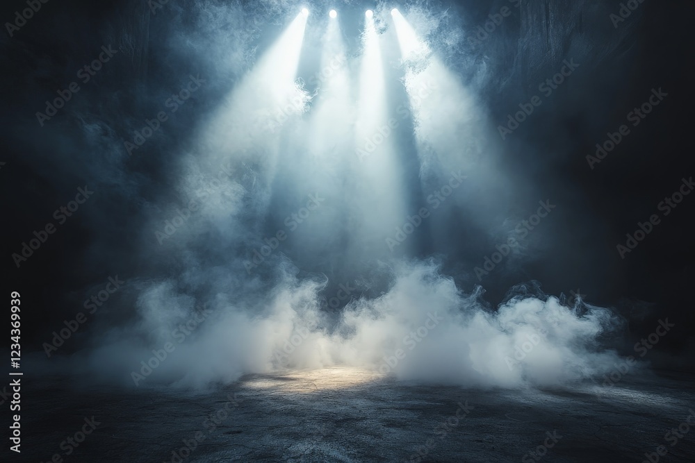Poster dramatic lighting shines through dense fog in an empty stage setting