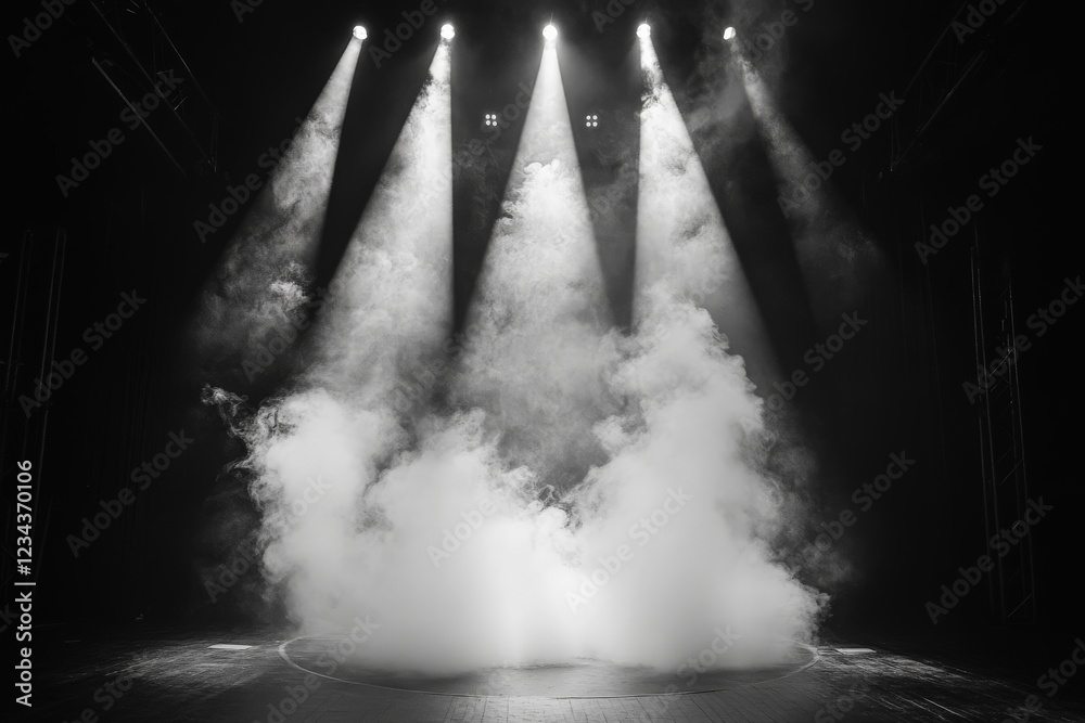 Poster dramatic stage lighting enhances a foggy atmosphere during a performance in a theater setting