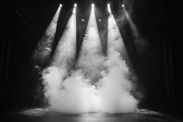 Dramatic stage lighting enhances a foggy atmosphere during a performance in a theater setting