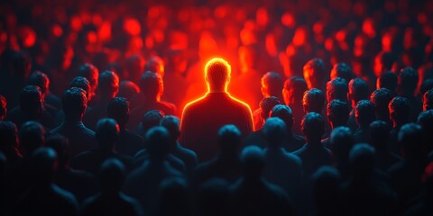 A striking glowing figure surrounded by a shadowy crowd, symbolizing individuality, leadership, and uniqueness.