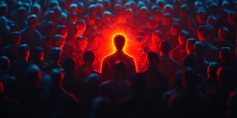 Obraz premium A striking glowing figure surrounded by a shadowy crowd, symbolizing individuality, leadership, and uniqueness.