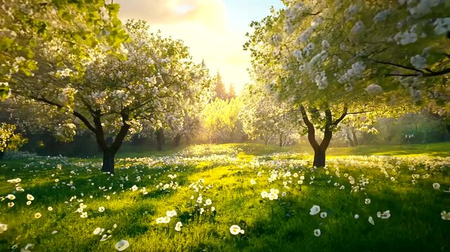 Spring sunrise, orchard blossoms, meadow, peaceful nature scene, idyllic wallpaper