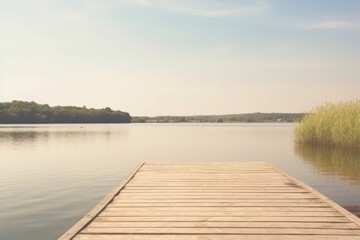 Fototapeta premium Long wooden pier on a smooth lake landscape outdoors horizon.