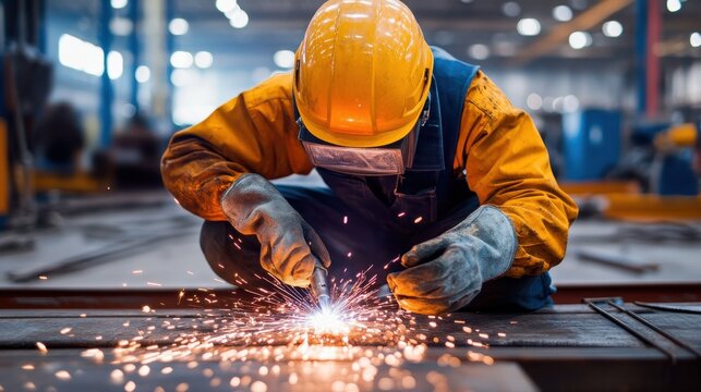 Workers wearing safety gear welding metal structures in a workshop.