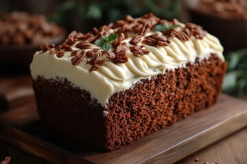 Moist chocolate cake topped with creamy frosting and crunchy pecans on a wooden serving board