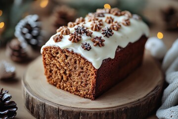 Delicious spiced cake topped with cream frosting and decorative spices on a wooden table with festive decorations