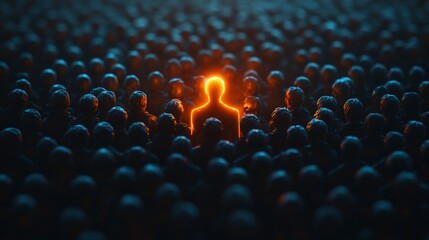 Obraz premium A striking glowing figure surrounded by a shadowy crowd, symbolizing individuality, leadership, and uniqueness.
