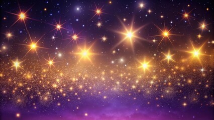 Fototapeta premium Glowing starry night sky with golden twinkle background and vibrant purple hues, cosmic scene, twinkling stars