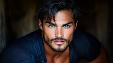 Fototapeta premium A young man poses confidently, showcasing his strong facial features and intense blue eyes. The soft natural lighting accentuates his chiseled jawline and tousled hair, creating an engaging portrait