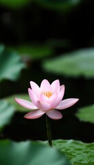 Obraz premium A delicate pink lotus flower blossoms serenely amidst lush green foliage.