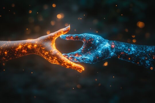 Two hands reaching out towards each other, glowing with vibrant colors in a cosmic backdrop during twilight