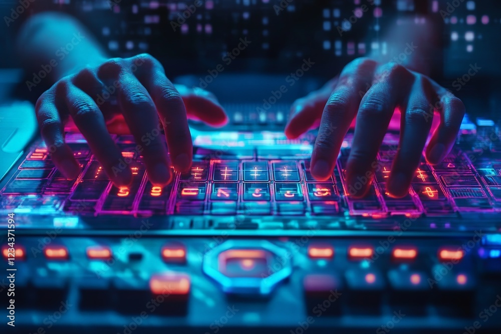 Leinwandbilder hands interact with a vibrant keyboard illuminated in blue and pink tones, creating a digital artwor