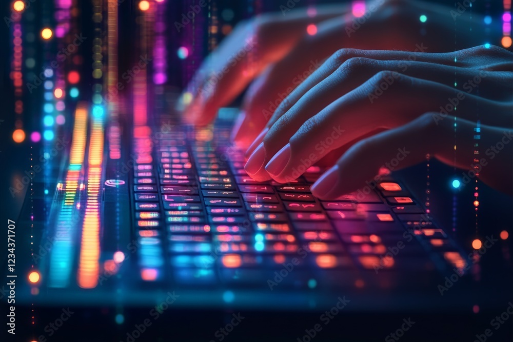 Leinwandbilder hands typing on a keyboard with vibrant lights creating a digital atmosphere at night