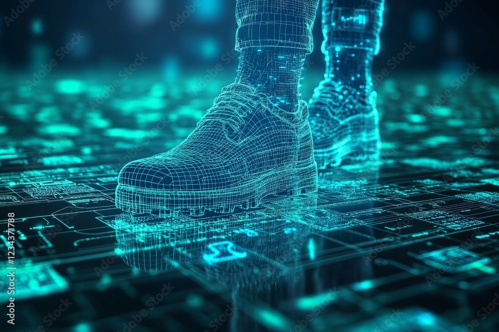 Aufkleber digital transformation of footwear design captured in a futuristic environment with glowing elements