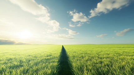 Expansive green field under a bright sky with clouds, showcasing nature's tranquility and beauty