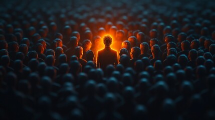 Obraz premium A striking glowing figure surrounded by a shadowy crowd, symbolizing individuality, leadership, and uniqueness.