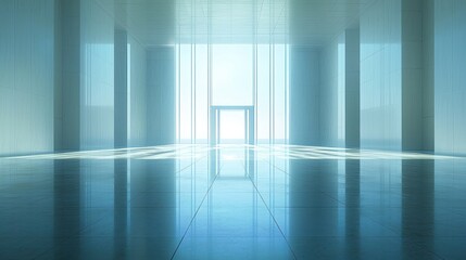 Bright empty hall with shiny floor and open door to sky