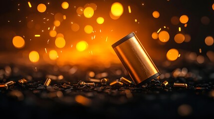 Golden Bullet Casing Amidst Dark Sparks and Debris