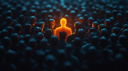 Obraz premium A striking glowing figure surrounded by a shadowy crowd, symbolizing individuality, leadership, and uniqueness.