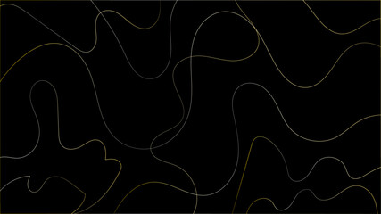Golden abstract wavy random scribble lines on a black backdrop background. Geometric black background with golden diagonal lines. seamless random chaotic digital line business concept. 