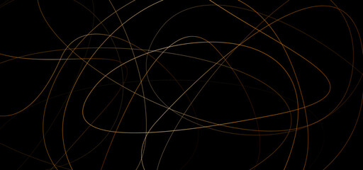 Golden abstract wavy random scribble lines on a black backdrop background. Geometric black background with golden diagonal lines. seamless random chaotic digital line business concept. 