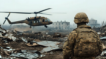 Naklejka premium A lone soldier surveys the ruins of a war zone while a helicopter rests nearby amidst debris, capturing solitude and reflective vigilance amidst turmoil.