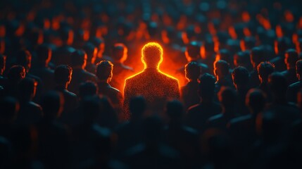 A striking glowing figure surrounded by a shadowy crowd, symbolizing individuality, leadership, and uniqueness.