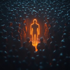 Obraz premium A striking glowing figure surrounded by a shadowy crowd, symbolizing individuality, leadership, and uniqueness.