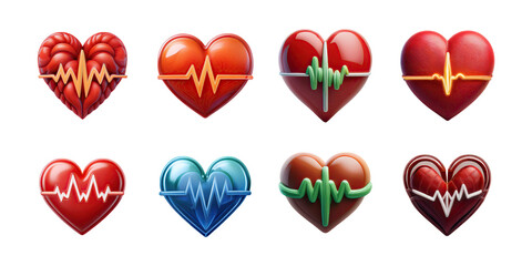 Colorful Heart Icons with Pulse Line Designs, PNG collection, set bundle, isolate on transparent or white background
