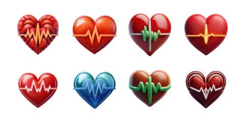 Colorful Heart Icons with Pulse Line Designs, PNG collection, set bundle, isolate on transparent or white background