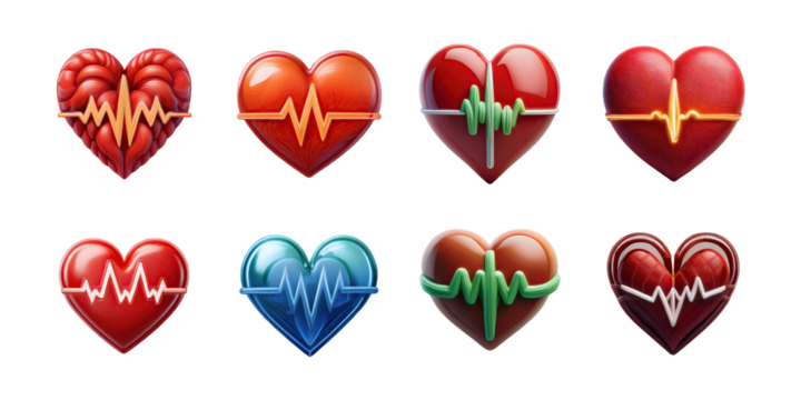 Colorful Heart Icons with Pulse Line Designs, PNG collection, set bundle, isolate on transparent or white background
