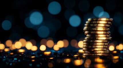 Golden Coin Stack with Bokeh Lights