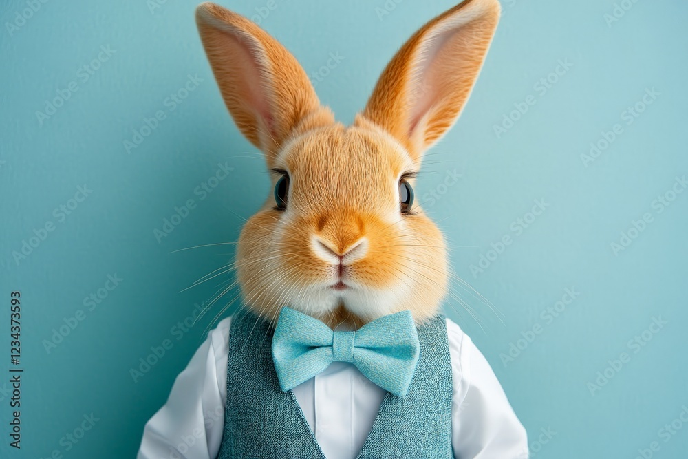 Aufkleber rabbit dressed in a formal outfit with a bow tie stands against a blue background in a whimsical dis