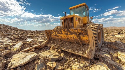 Obraz premium Bulldozer leveling rocks in a quarry under cloudy sky