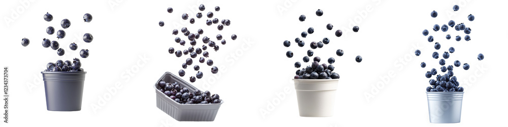 Aufkleber fresh blueberries floating and spilling from various containers on a bright background in a creative