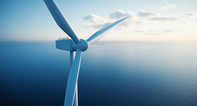 Wind turbines at sea under a bright blue sky, representing renewable and clean energy.