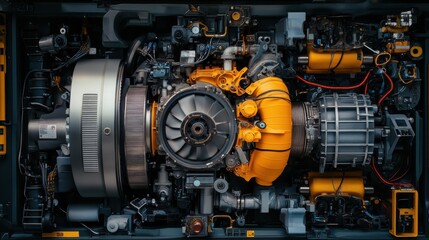 A detailed view of a large industrial engine with various components