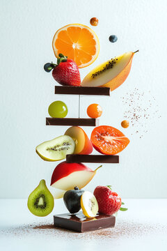 Artistic sculpture with chocolate dessert and slices of fresh fruits. Each fruit is elegantly balanced on top of the other. Minimalist unique culinary art on white background