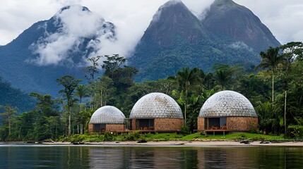 Eco-lodges nestled on tropical beach, majestic mountains backdrop, sustainable tourism