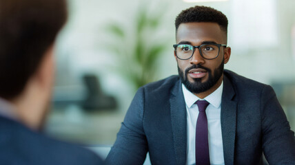 Fototapeta premium Federal Reserve Interest Rate Cut Themed, Professional man discussing business loan options in office setting