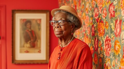 Naklejka premium A senior woman stands confidently in a bright room filled with colorful floral wallpaper. She wears glasses and a straw hat, showcasing a stylish orange outfit, surrounded by artwork