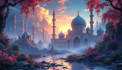 Majestic Mosque at Sunset Serene River Valley Scene