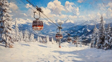 Obraz premium Cable cars rise over snowy mountain slopes at a popular winter resort. -