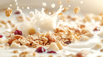 Granola Muesli with oats dried fruits coconut flakes hazelnuts almonds raisins mixture in milk. Dynamic shot explosion splashes. Healthy wholesome food fiber energy source